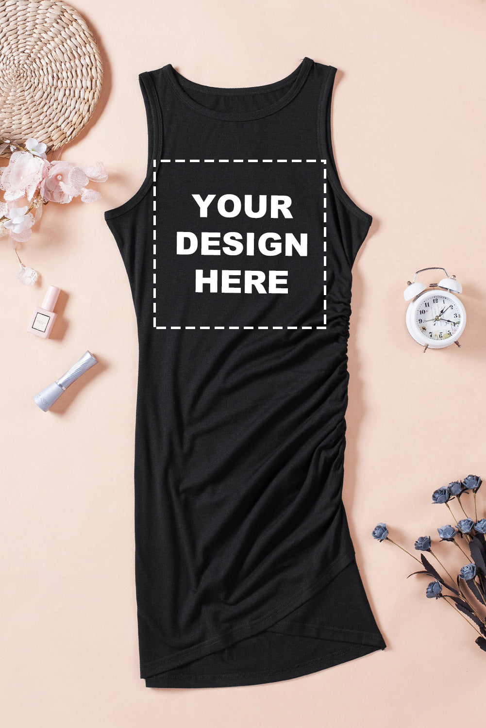 Ruched Arch Hem Round Neck Sleeveless Mini Dress