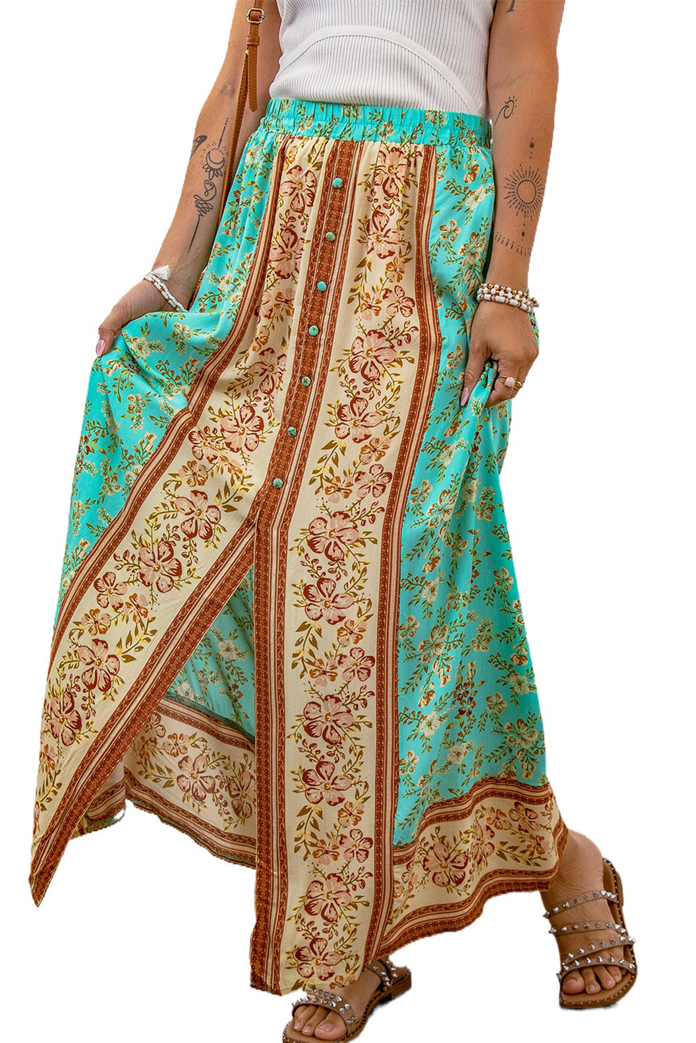 Boho Contrast Color Floral Print Button Slit Maxi Skirt