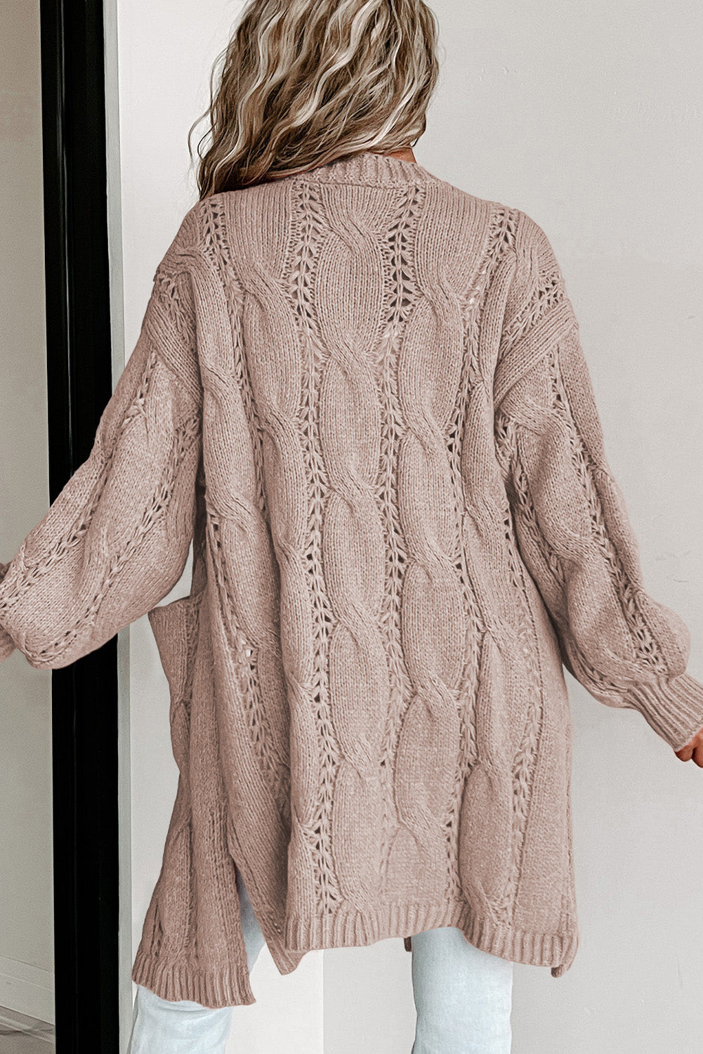 Ribbed Trim Eyelet Cable Knit Cardigan