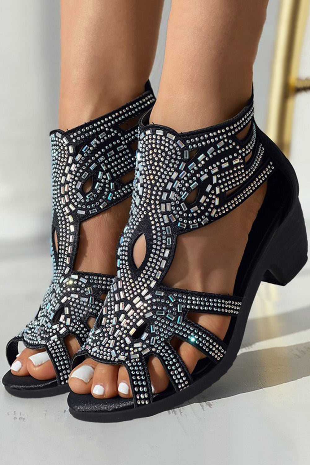 Rhinestone Hollowed Thick Heel Gladiator Sandals