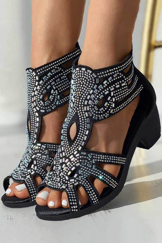 Rhinestone Hollowed Thick Heel Gladiator Sandals