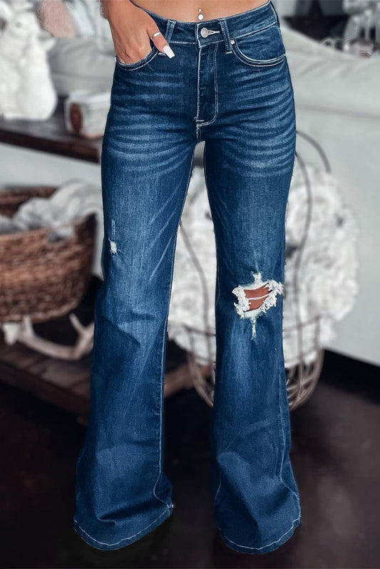 Asymmetric Open Knee Distressed Flare Jeans