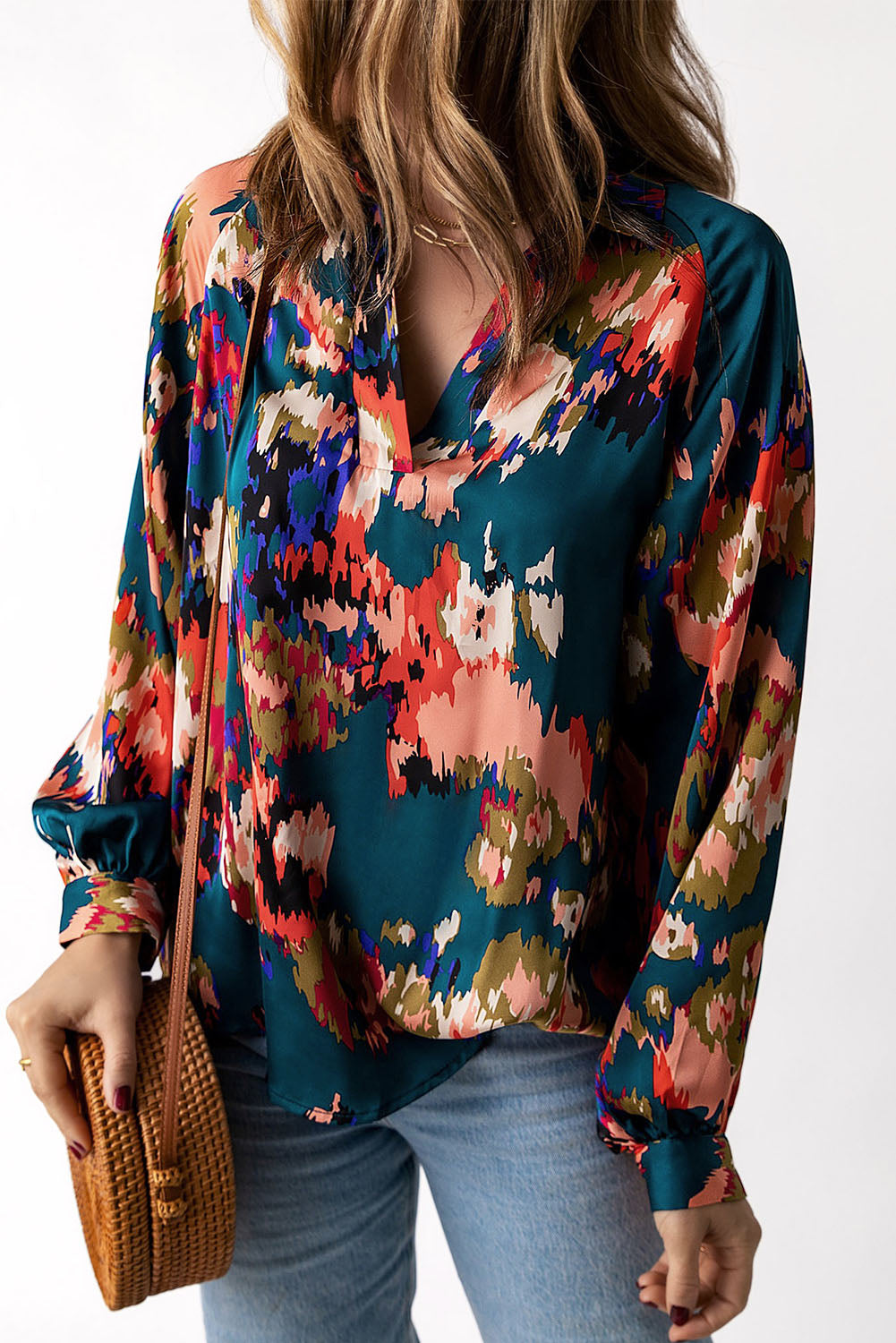 Graffiti Printed V Neck Puff Sleeve Blouse
