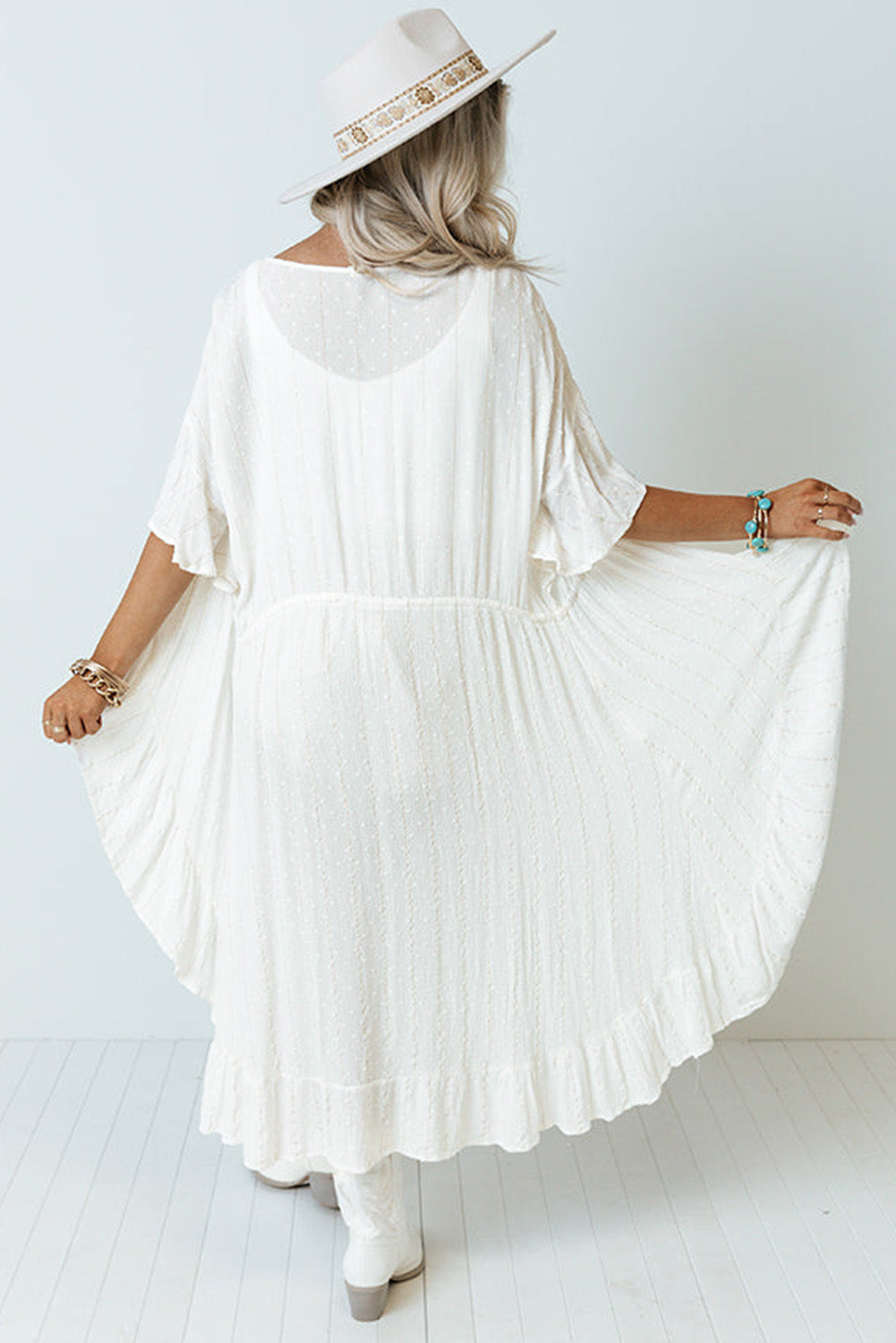 Loose Half Sleeve Cinched Waist Ruffled Duster Kimono