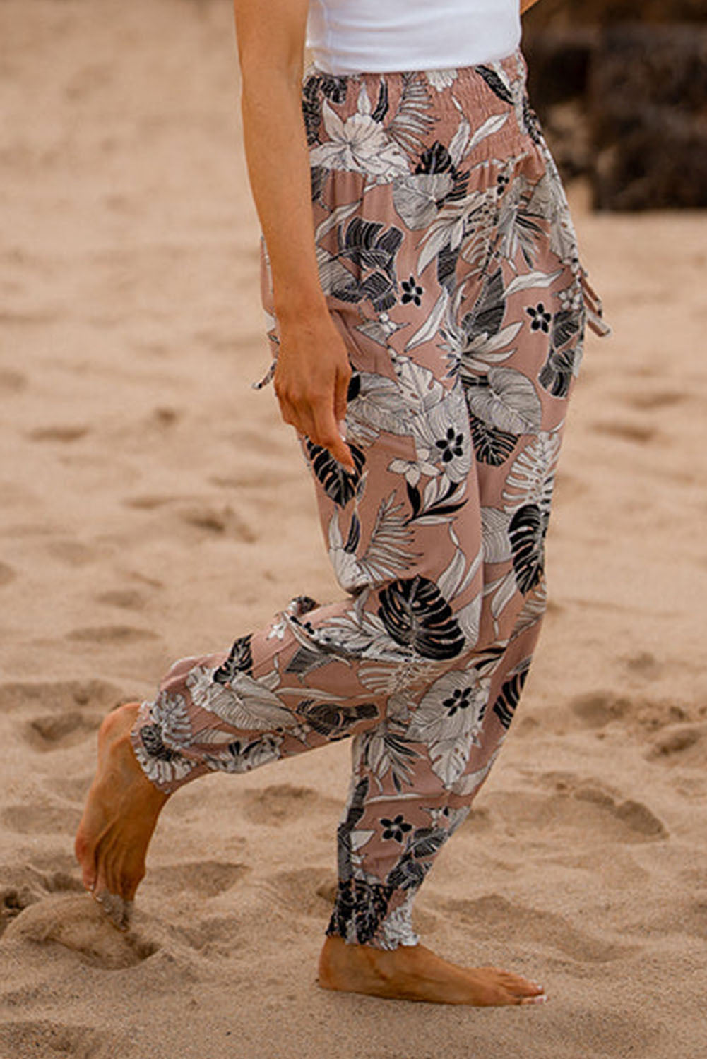 Multicolor Boho Smocked Waist Floral Print Jogger Casual Pants