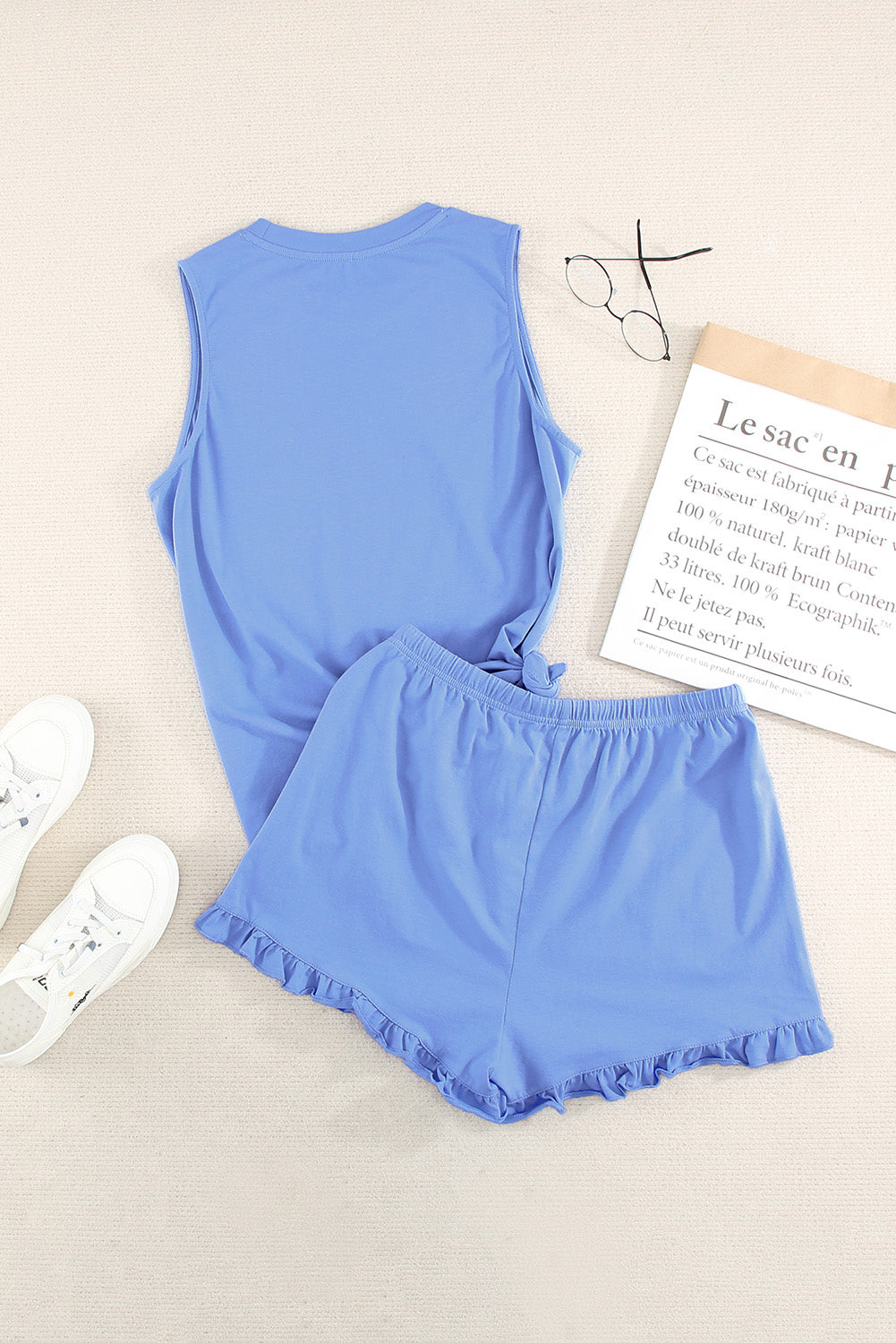 Crew Neck Tank and Drawstring Ruffled Shorts Lounge Set