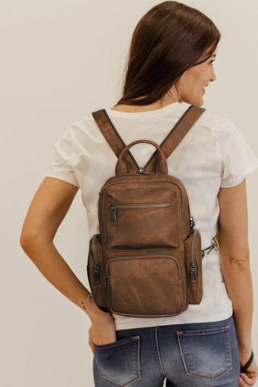 Chestnut Multi Pocket Zipped Retro Backpack