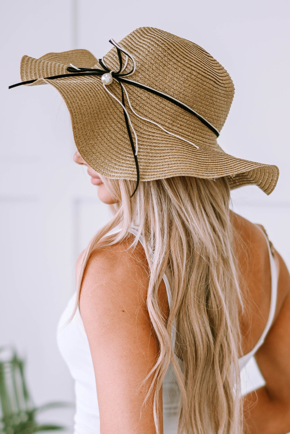 Khaki Bowknot Sun Visor Wide Brim Rolled Up Straw Hat