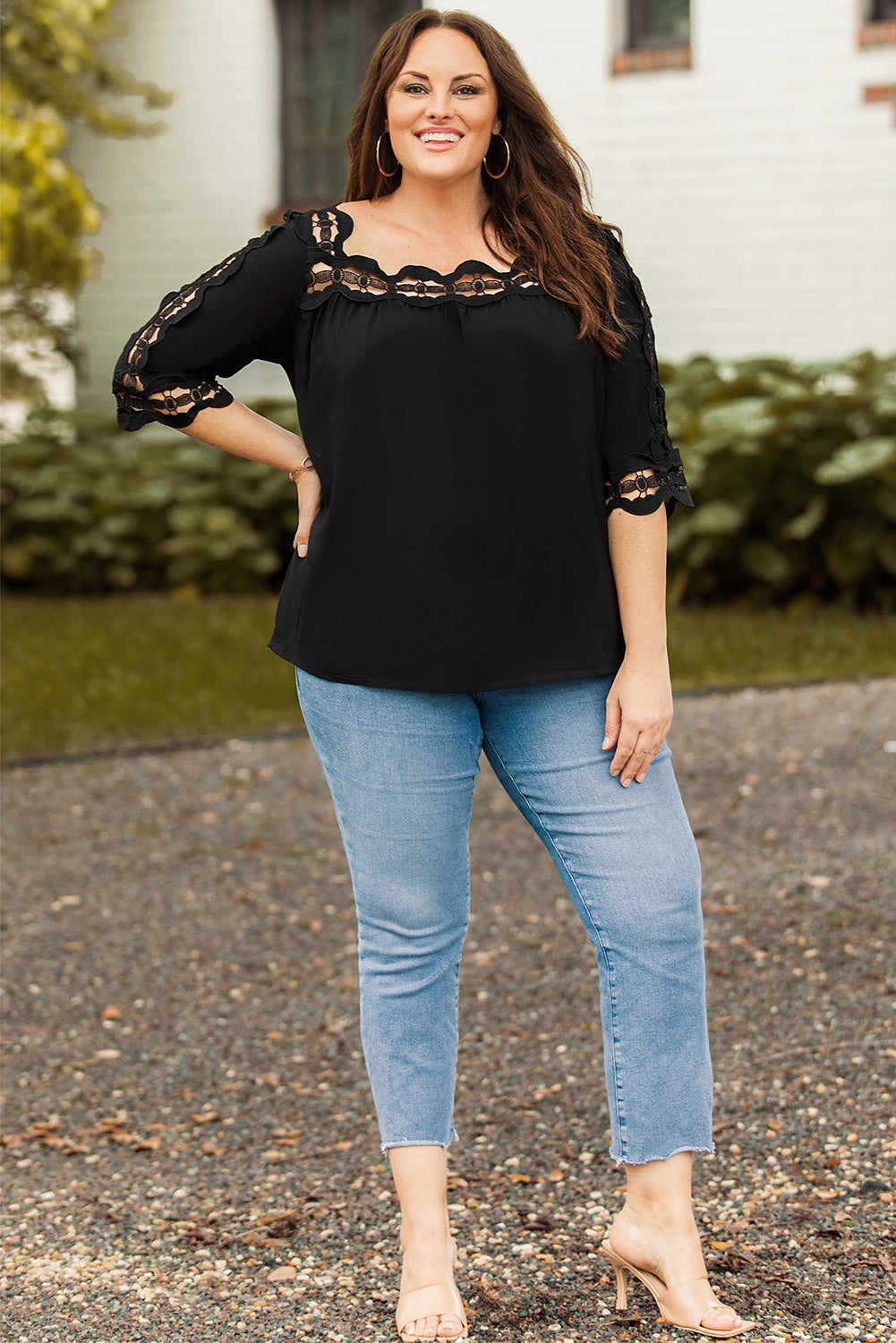 Green Drak Green Crochet Trim Hollow-out Blouse