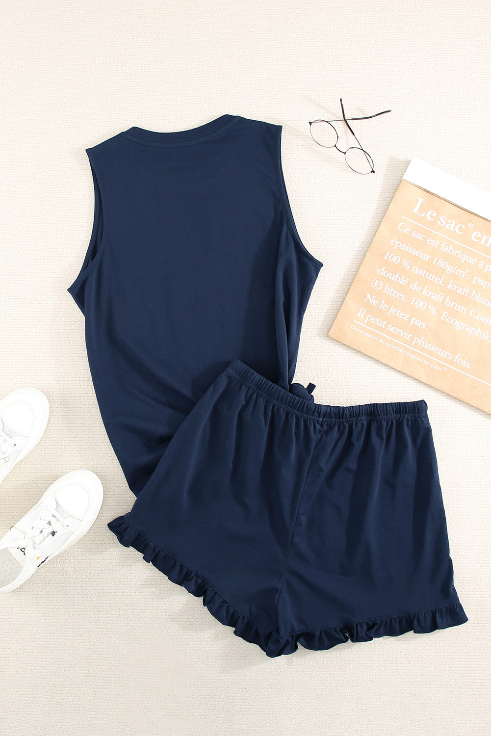 Crew Neck Tank and Drawstring Ruffled Shorts Lounge Set