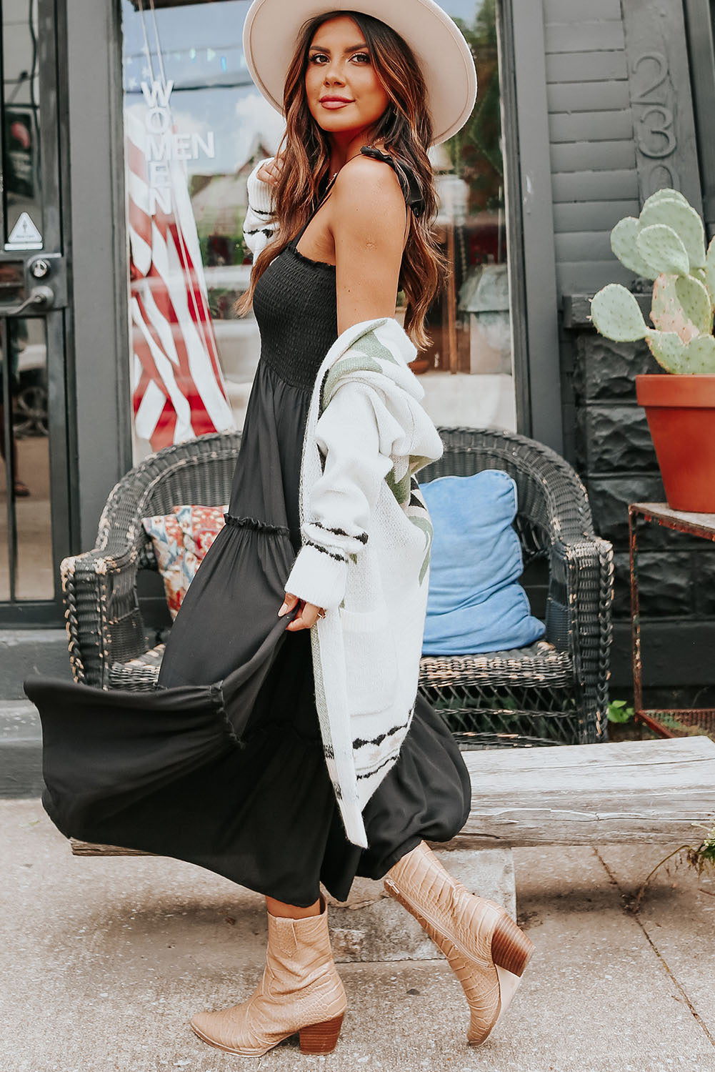 Tie Strap Smocked Frill Tiered Midi Dress