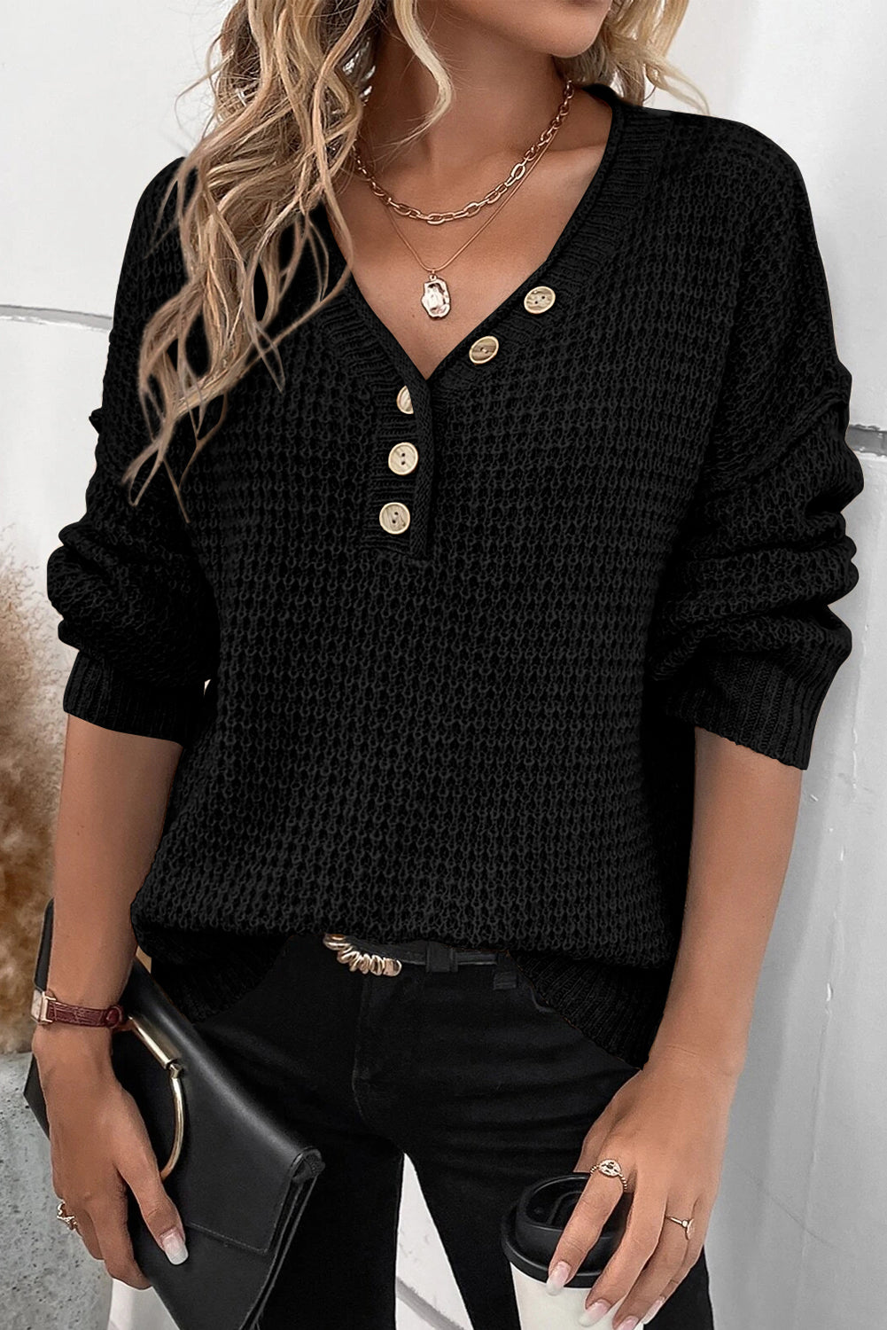 Coffee Pointelle Knit Button V Neck Drop Shoulder Sweater