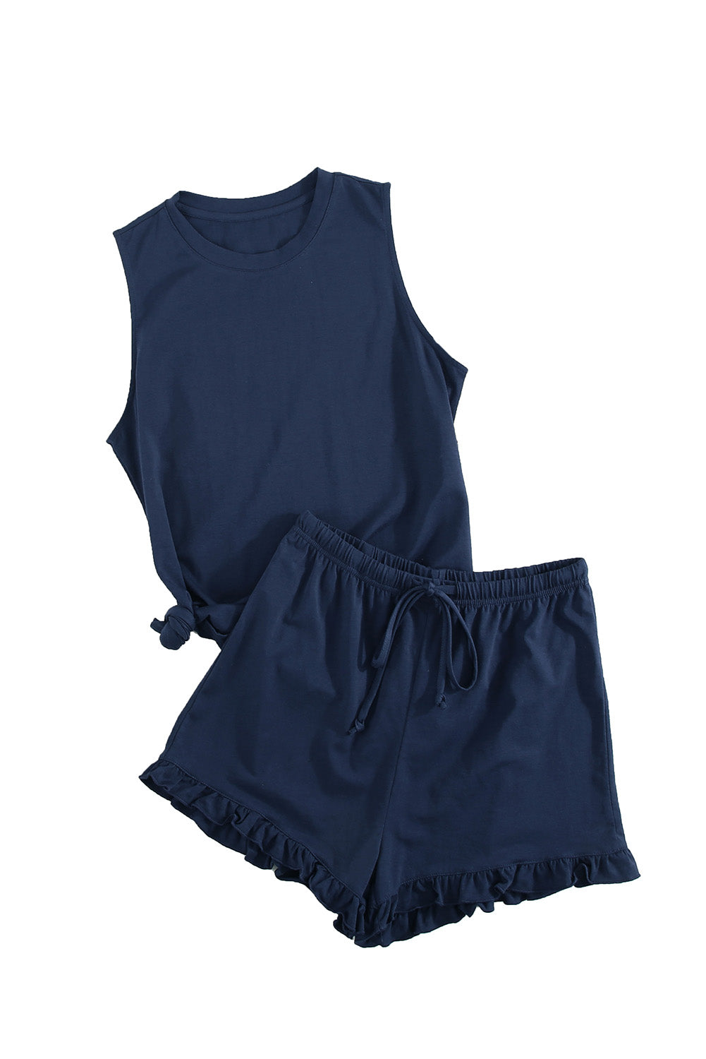 Crew Neck Tank and Drawstring Ruffled Shorts Lounge Set