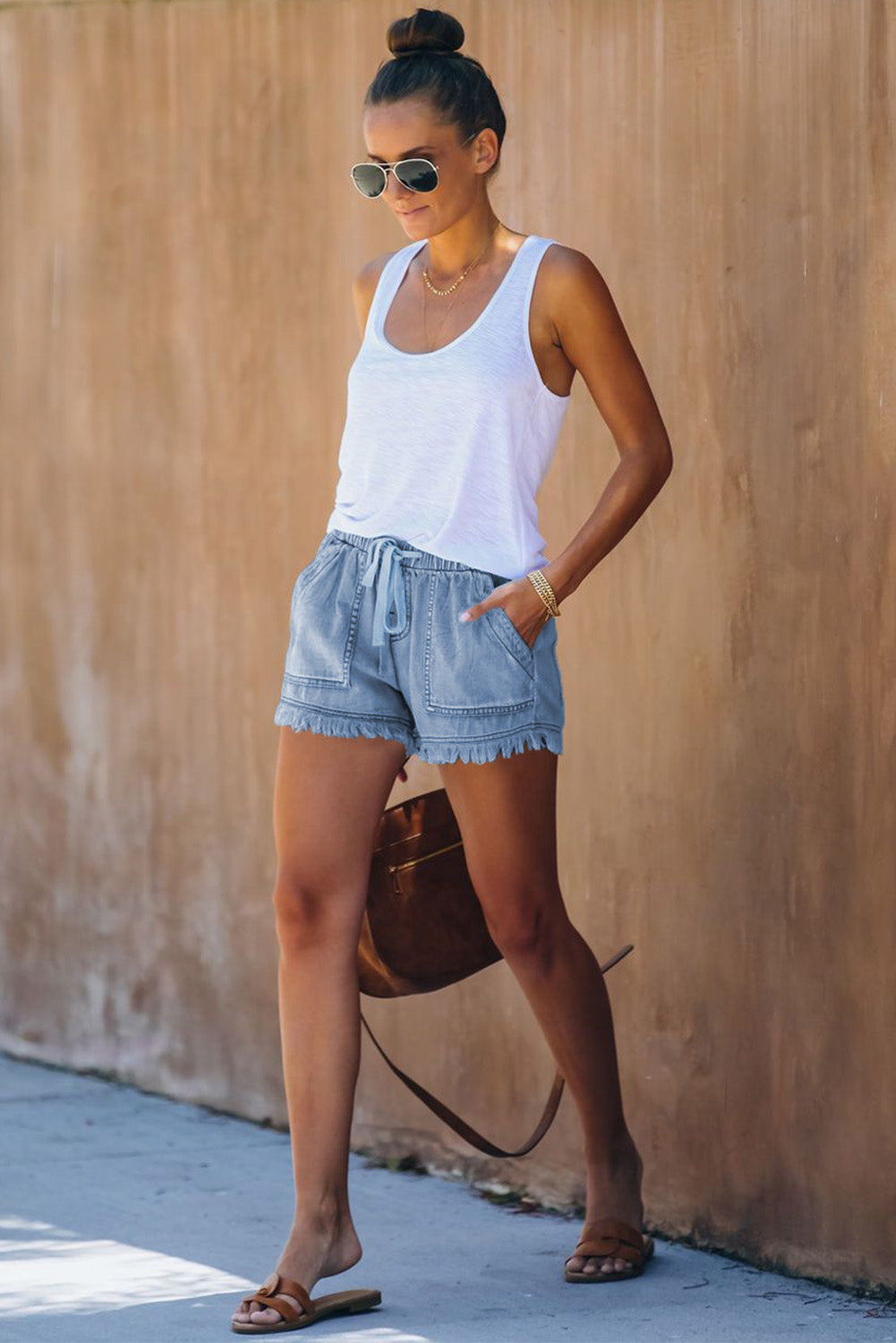 Casual Pocketed Frayed Denim Shorts