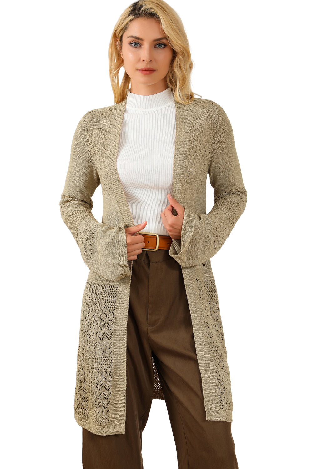 Black Pointelle Knit Open Front Cardigan