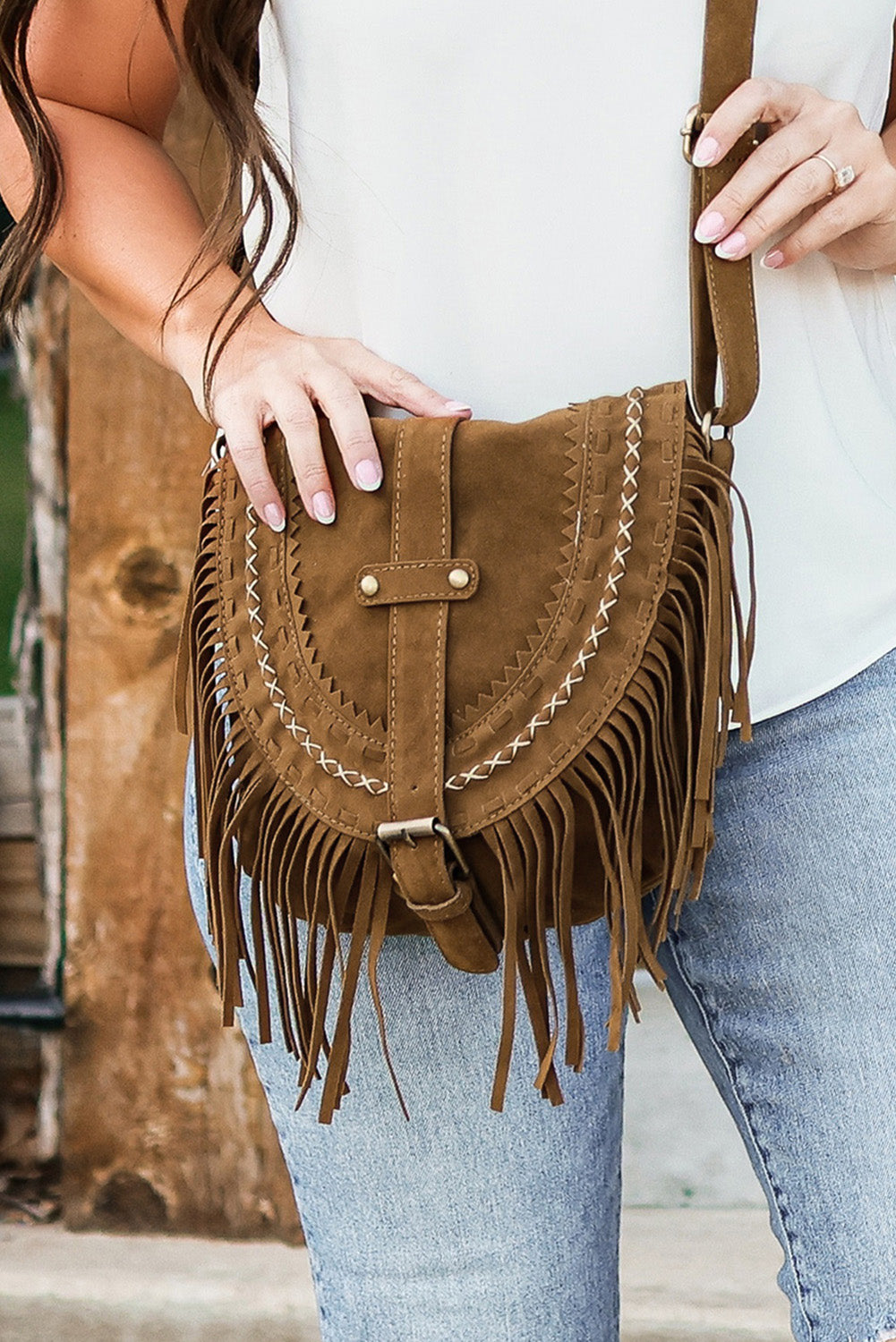 Faux Suede Fringe Retro Saddle Bag