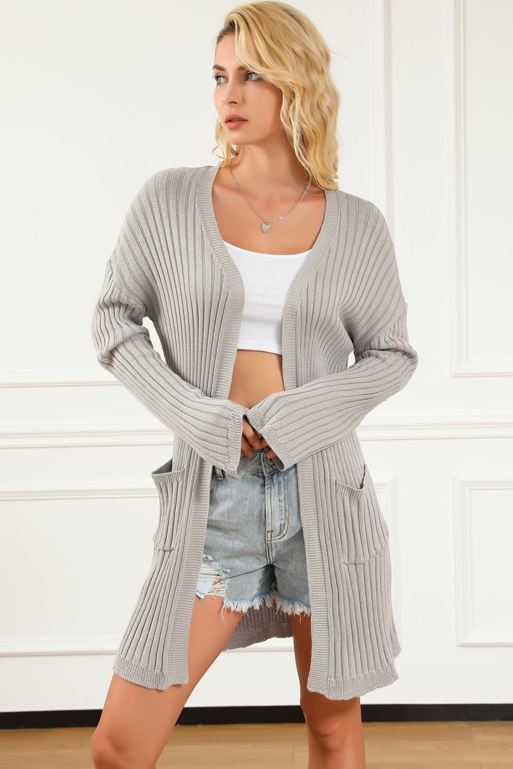 Gray Loose Ribbed Knit Pocketed Open Cardigan