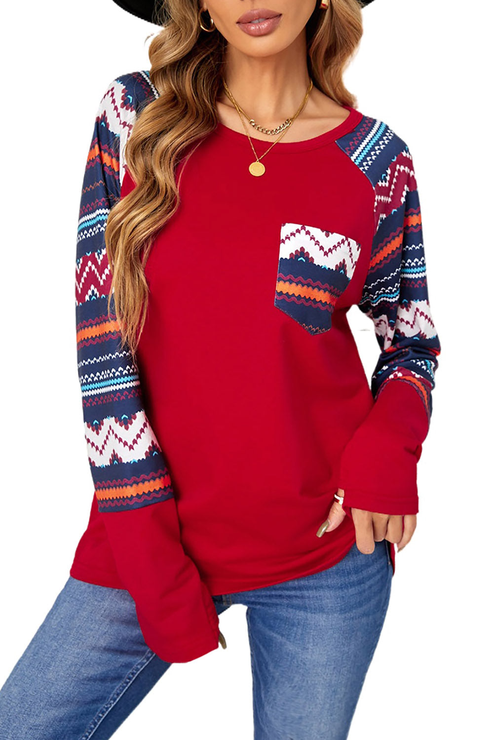 Raglan Sleeve Aztec Geometric Patchwork Top with Pocket