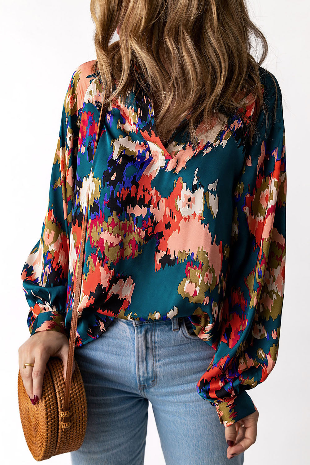Graffiti Printed V Neck Puff Sleeve Blouse