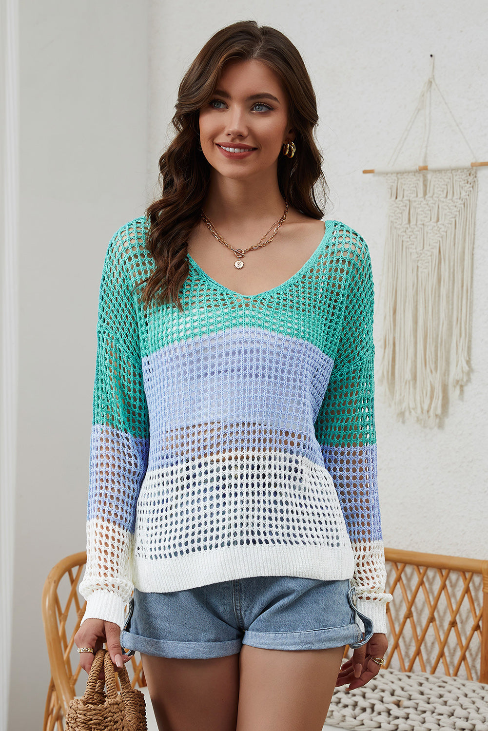 Multicolor Color Block Eyelet Long Sleeve Twisted Back Knit Top