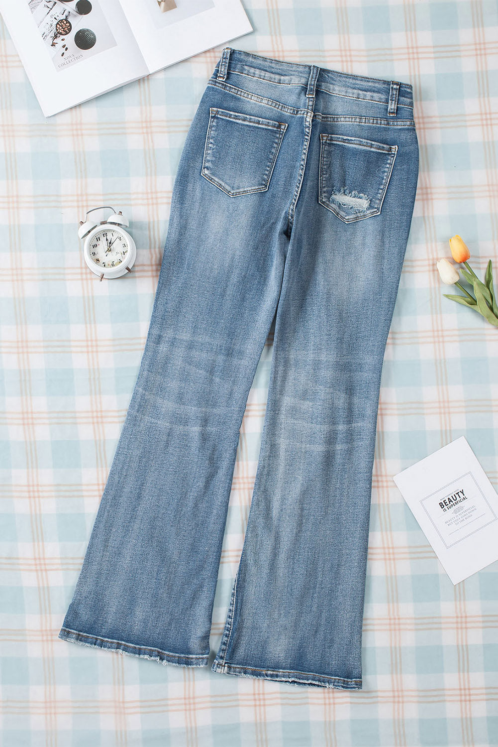 High Waist Ripped Raw Hemline Flare Jeans
