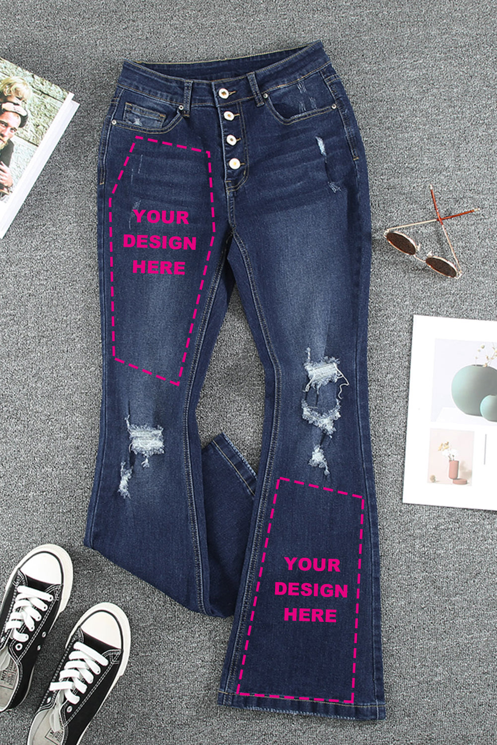 Dark Washed Distressed Flare Bottom Jeans