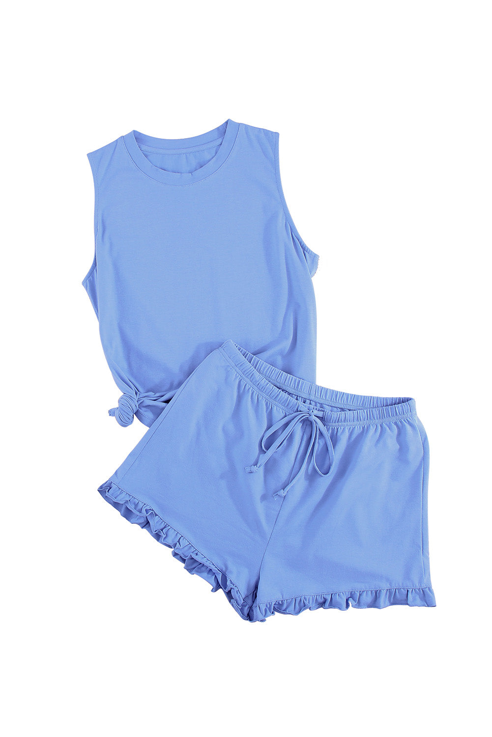 Crew Neck Tank and Drawstring Ruffled Shorts Lounge Set