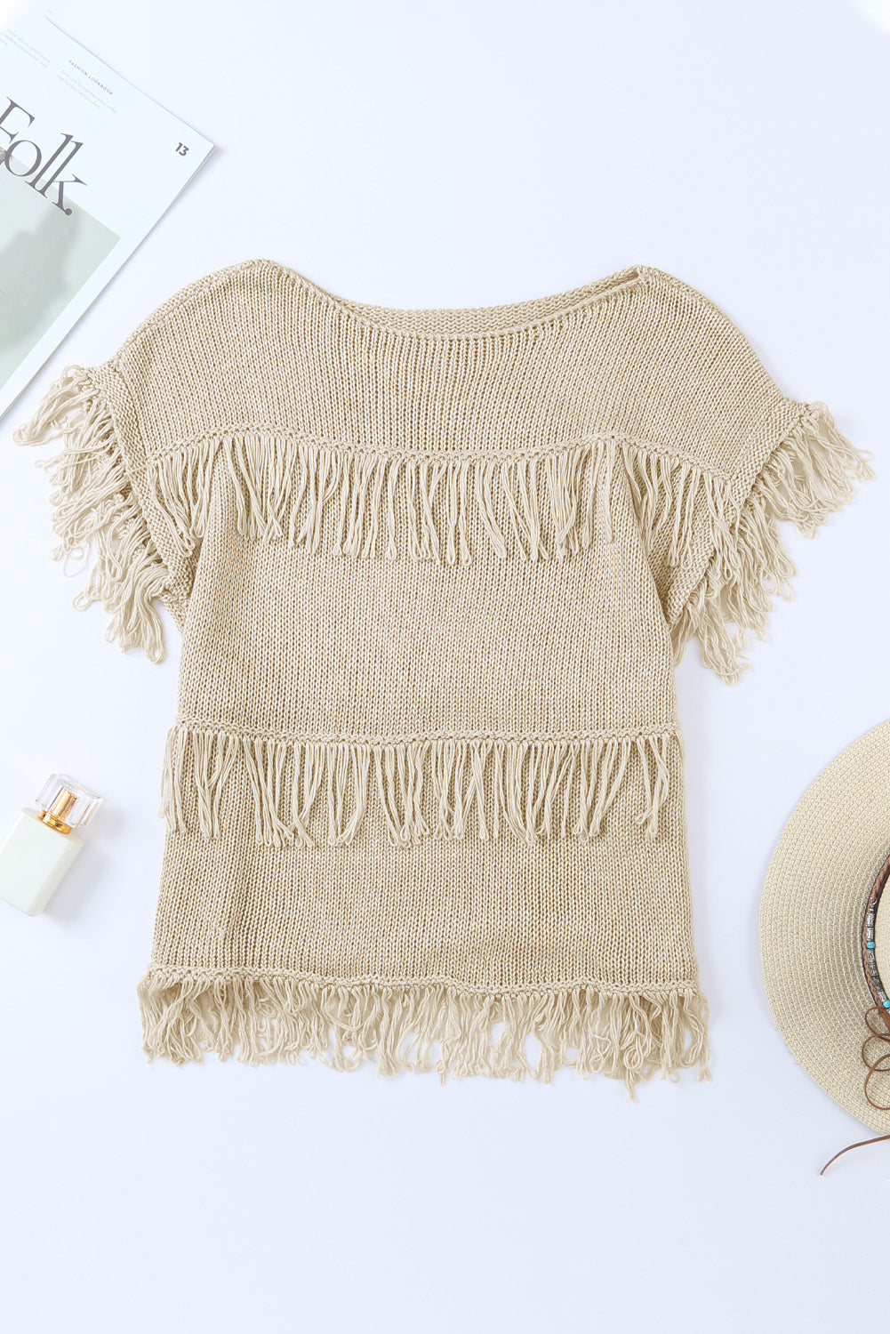 Khaki Crochet Knitted Fringed Short Sleeve Top