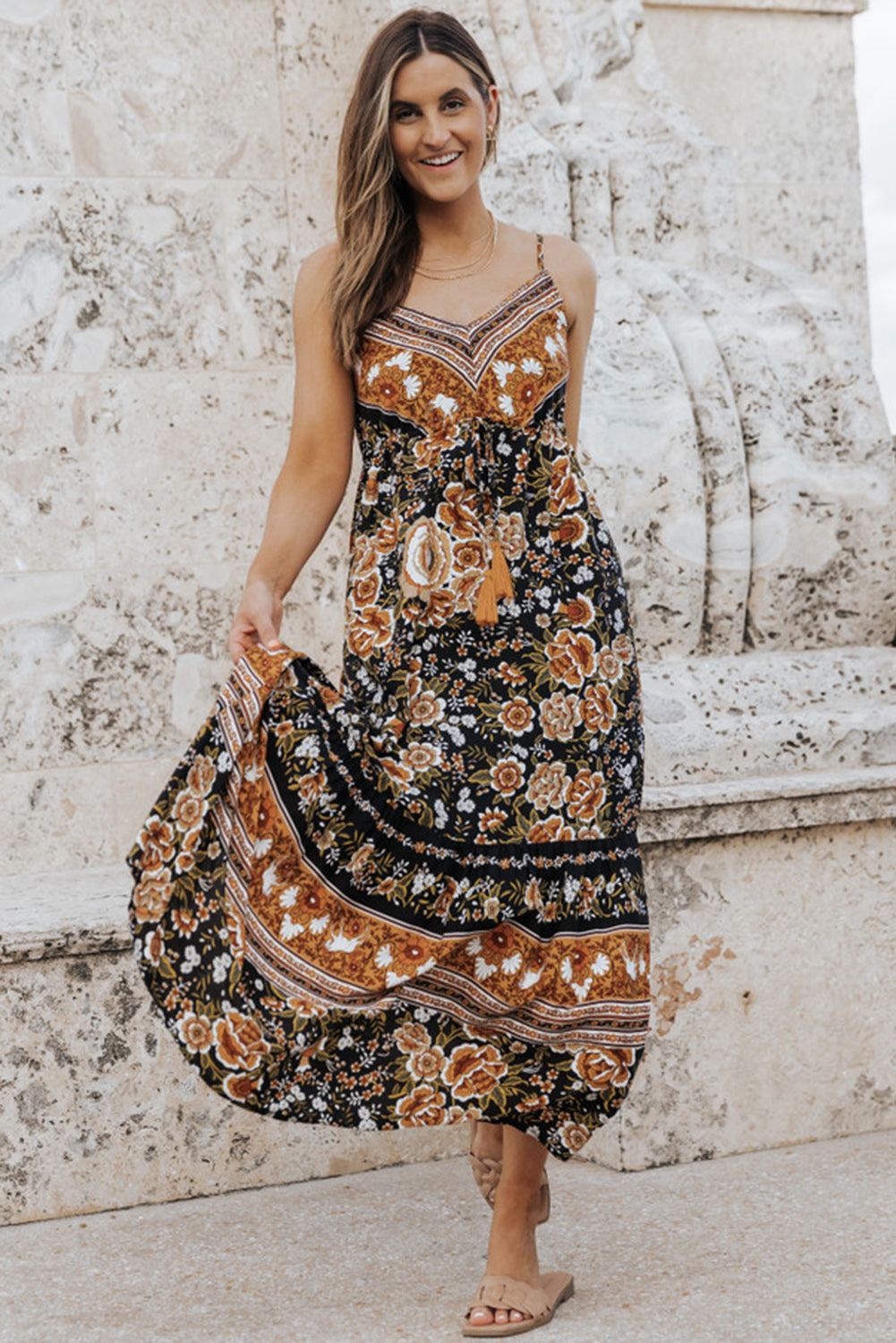 Retro Boho Floral Tassel Tie Maxi Dress