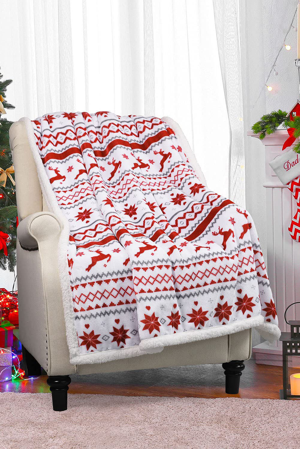 Multicolor Christmas Elk Geometric Knit Flannel Blanket 127*152cm
