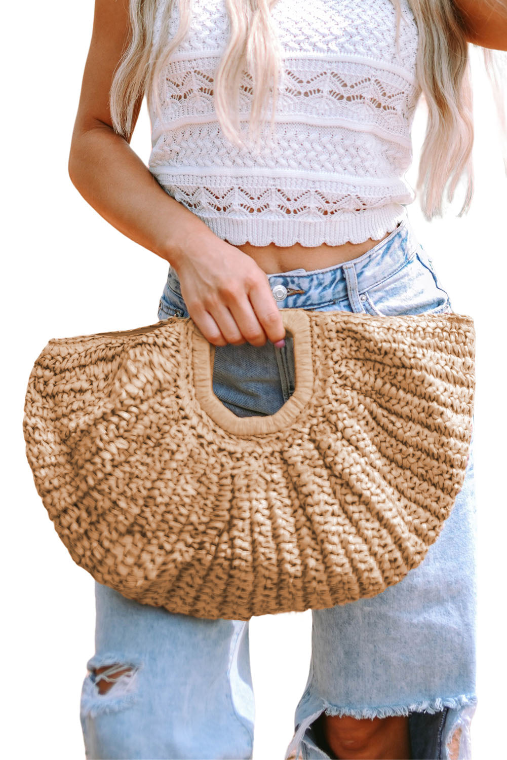 Semi-circle Braided Straw Bag 46*5*30cm