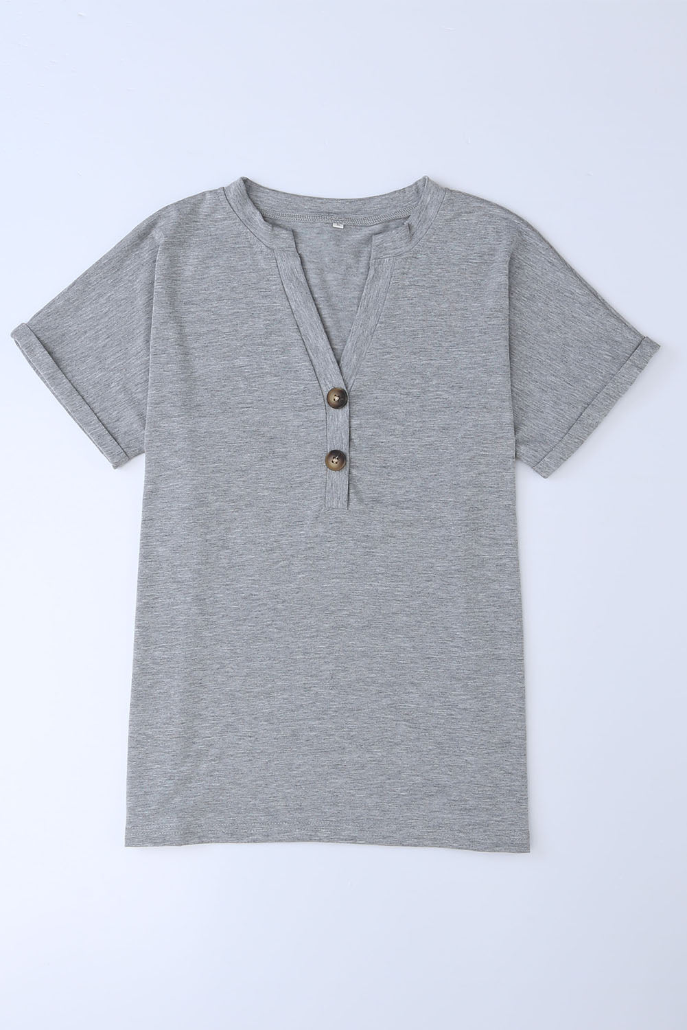 Button V Neck Rolled Short Sleeve T Shirt