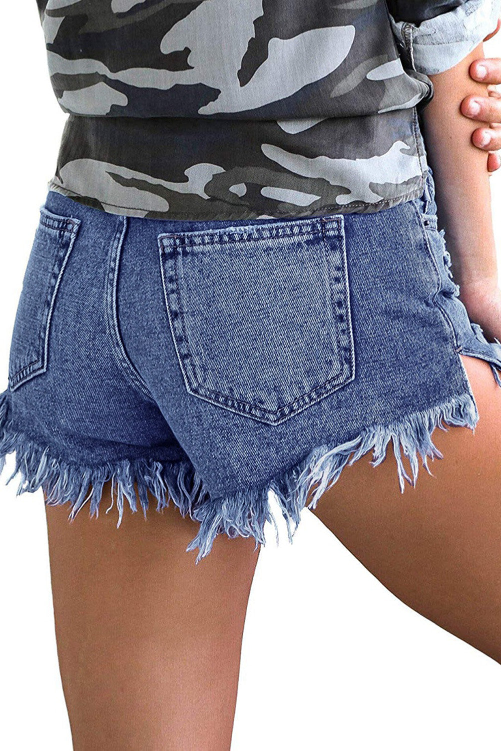 Ripped Tasseled Hem Denim Shorts