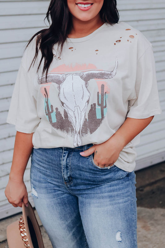 Beige Plus Size Desert Vintage Longhorn Graphic Tee