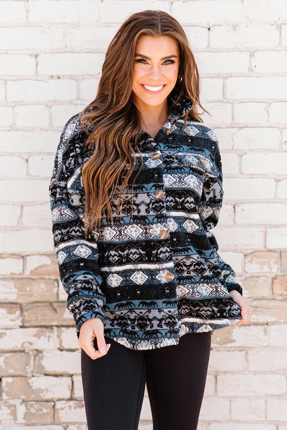 Tribal Print Pocket Buttoned Sherpa Jacket