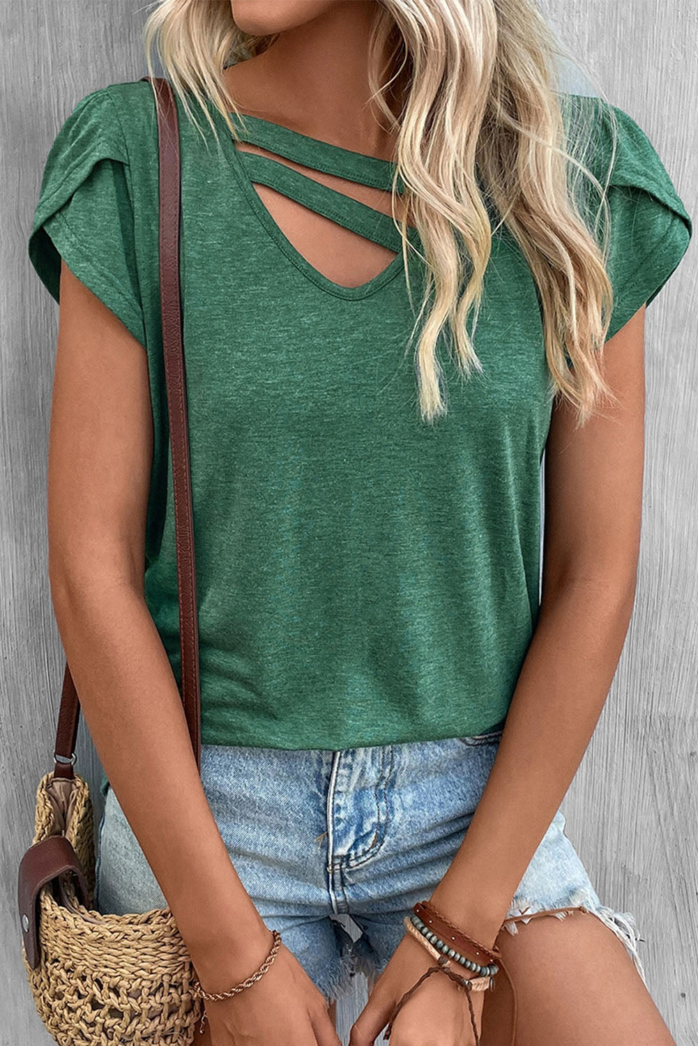 Green Strappy V Neck Overlap Short Sleeve Top