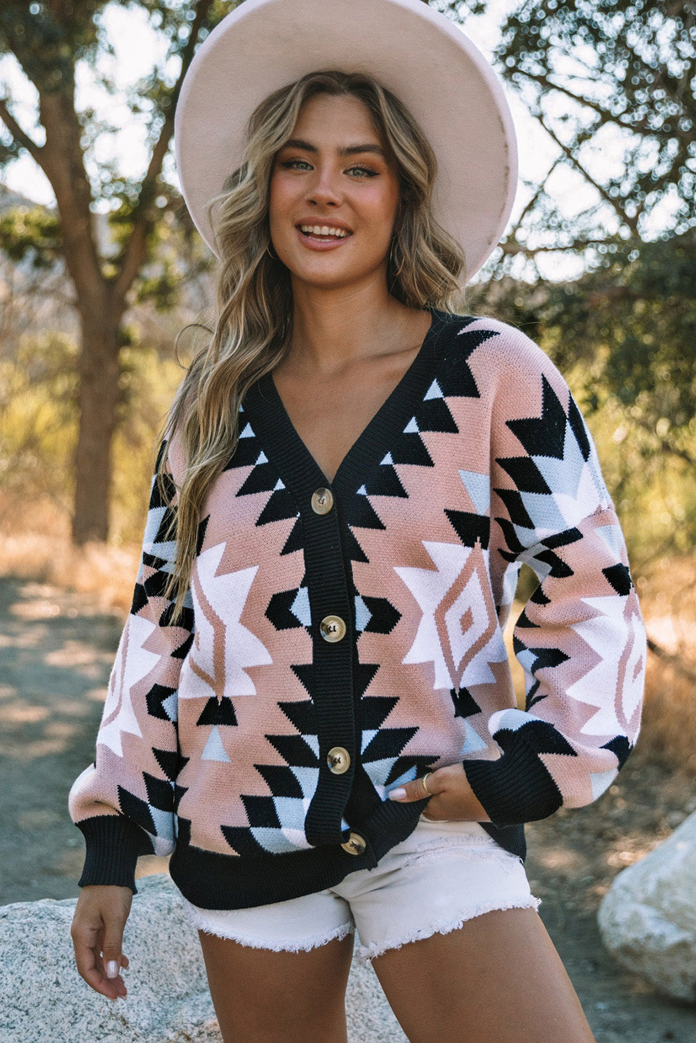 Oversized Aztec Buttons Front Cardigan