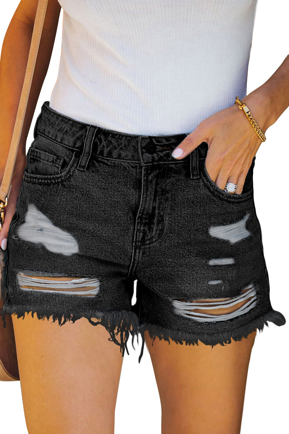 Raw Hem Distressed High Rise Denim Shorts