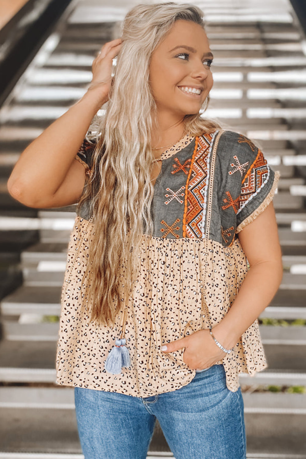 Khaki Geometric Leopard Patchwork Short Sleeve Top