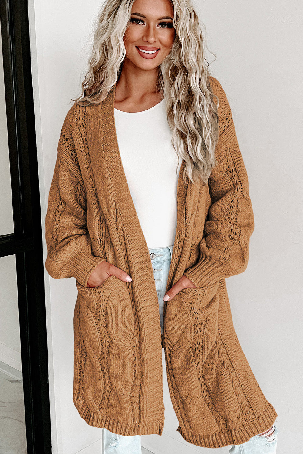 Ribbed Trim Eyelet Cable Knit Cardigan