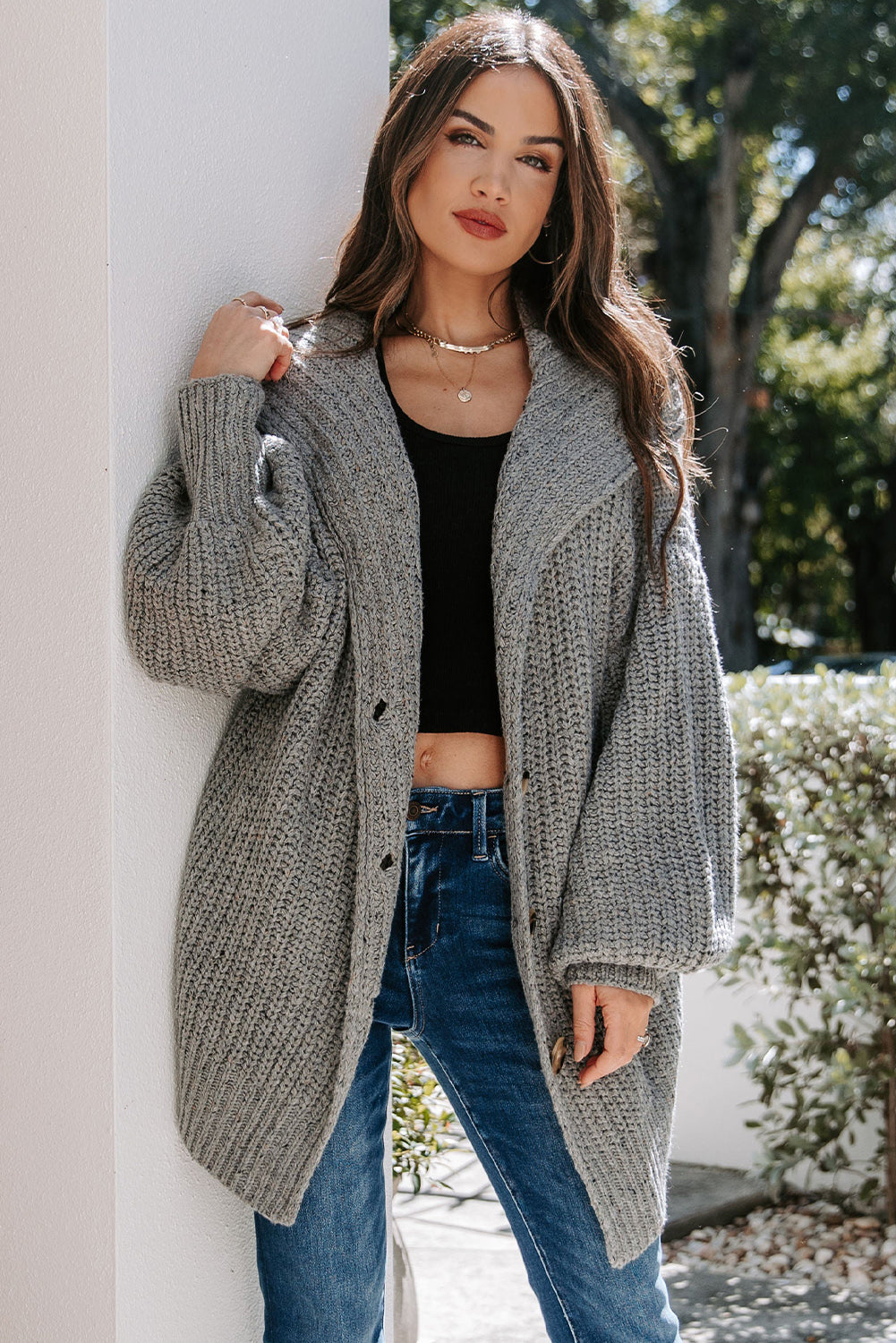 Gray Oversized Turndown Collar Pocketed Cardigan