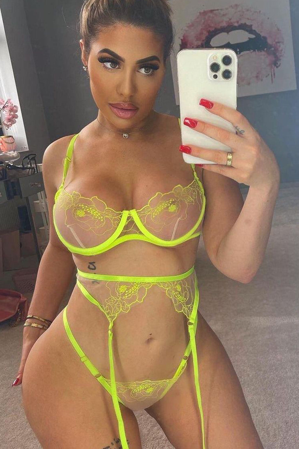 Floral Embroidered Mesh Three Pieces Lingerie Set