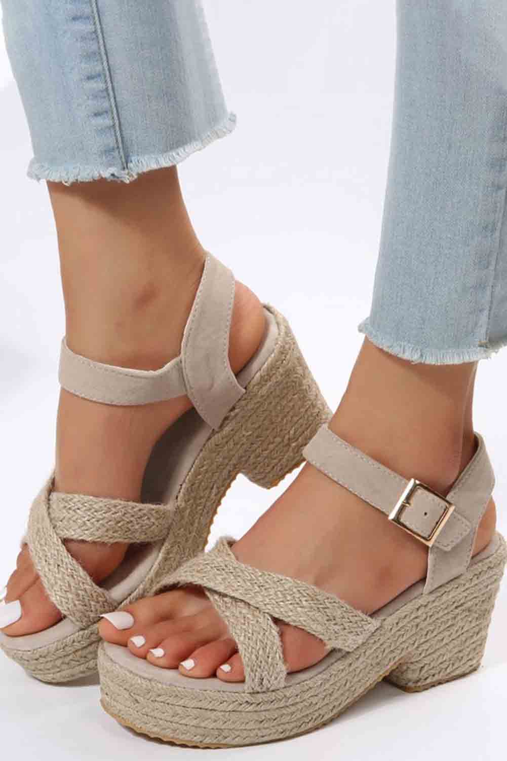 Criss Cross Linen Woven Buckle Wedge Sandals