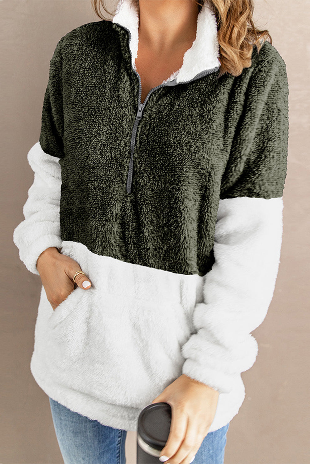 Charcoal White Zip Neck Oversize Fluffy Fleece Pullover
