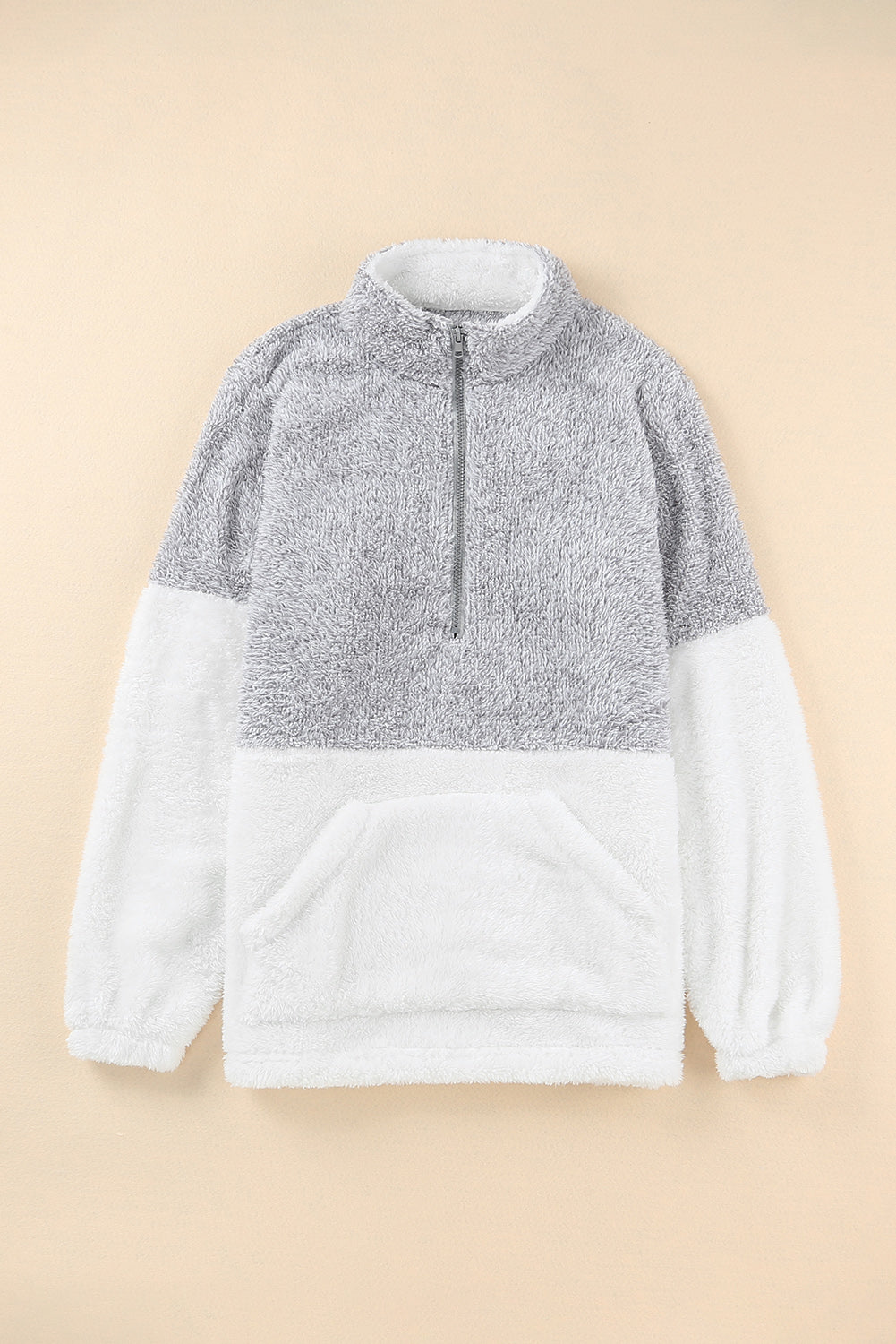 Charcoal White Zip Neck Oversize Fluffy Fleece Pullover