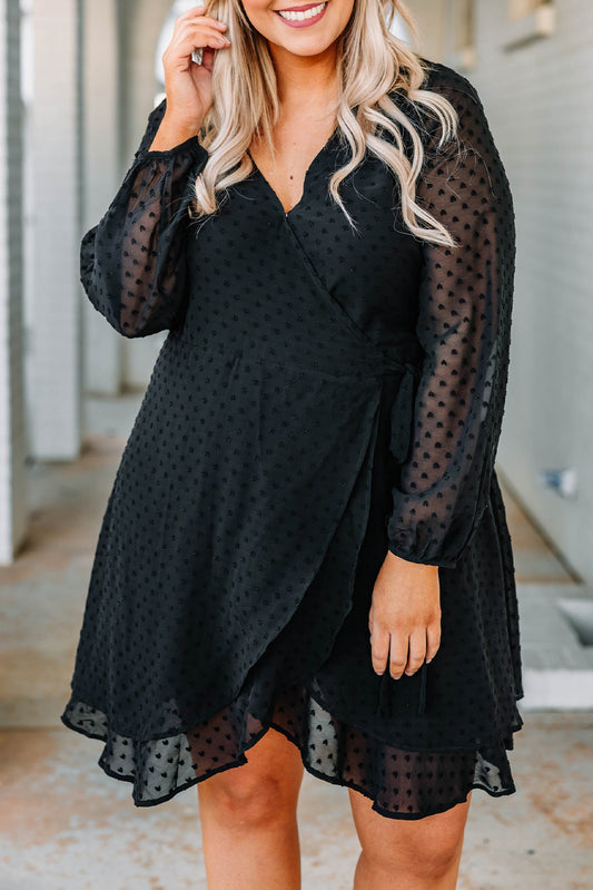 Plus Size Swiss Dot V Neck Wrap Long Sleeve Dress