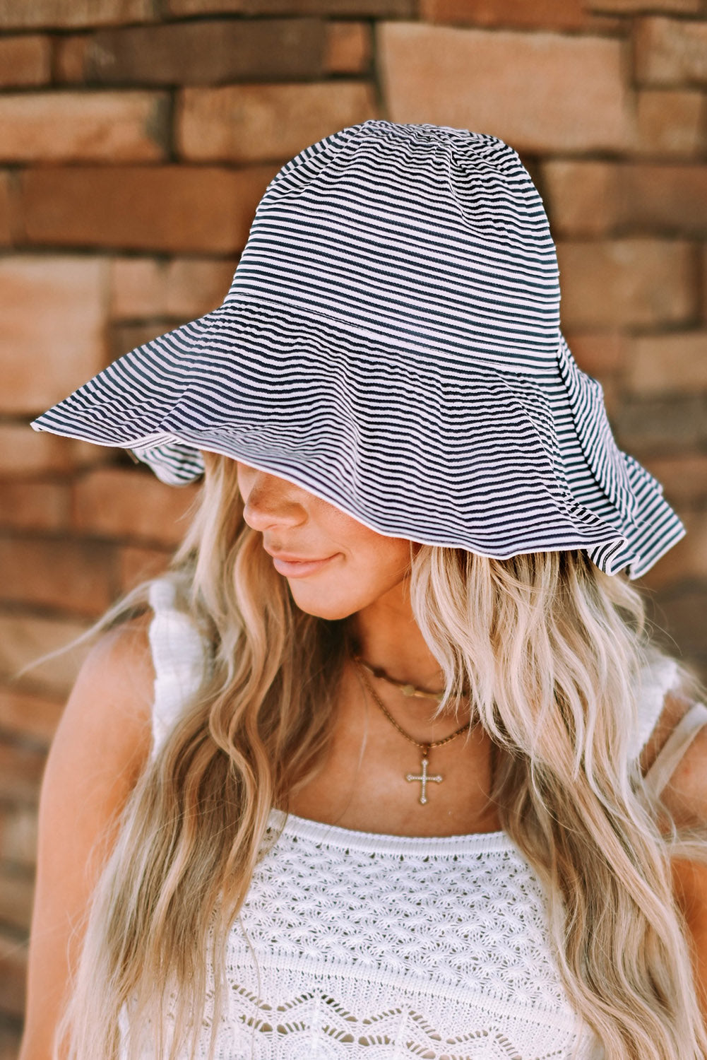 Striped Print Bow Knot Wide Brim Buckle Hat