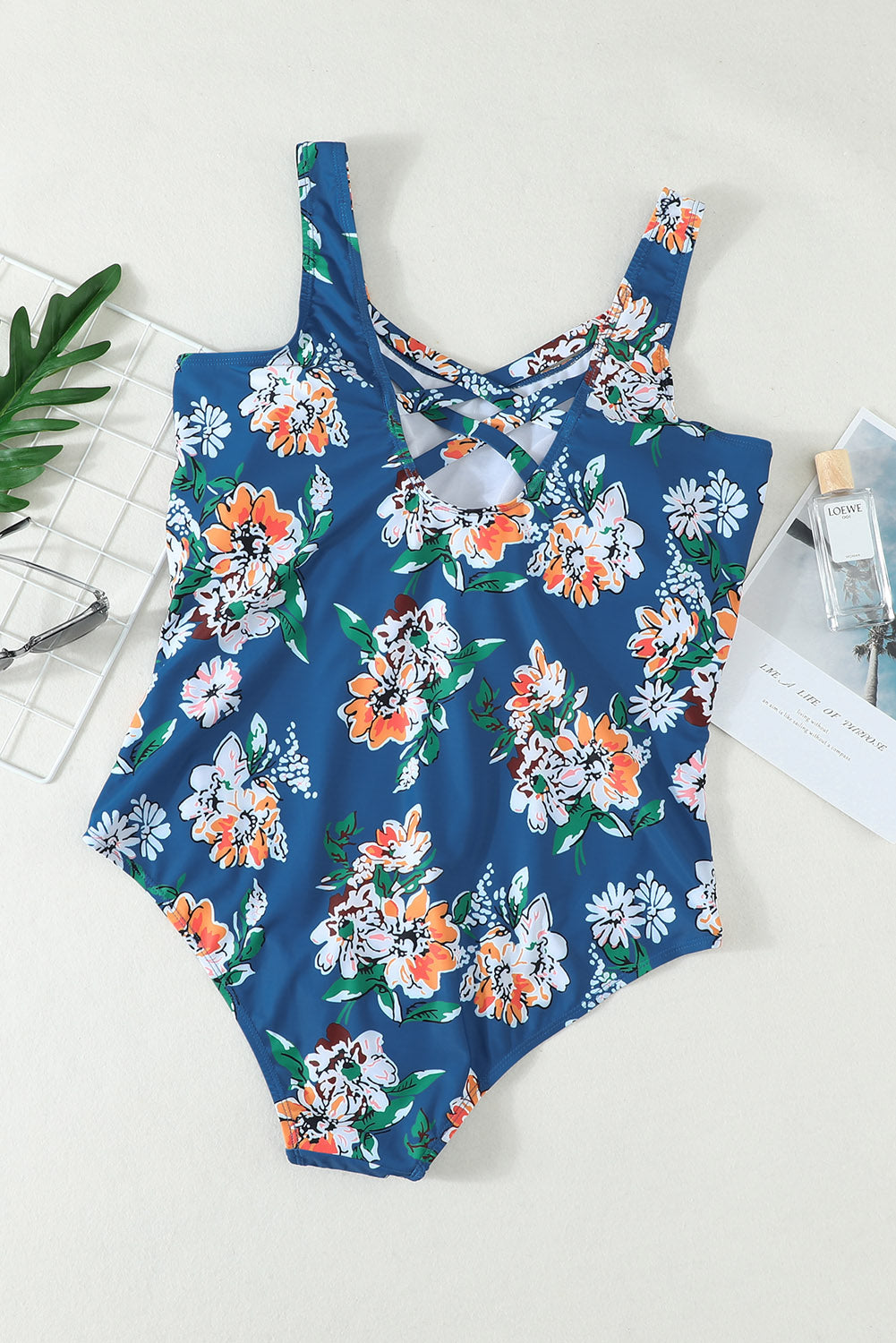 Floral Print Criss Cross U-neck One-piece Swimsuit