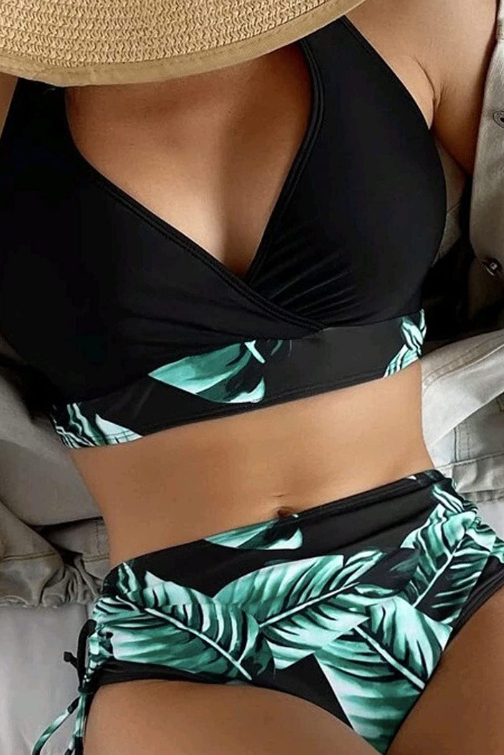 Palm Leaf Printed Wrapped V-Neck Bikini Set