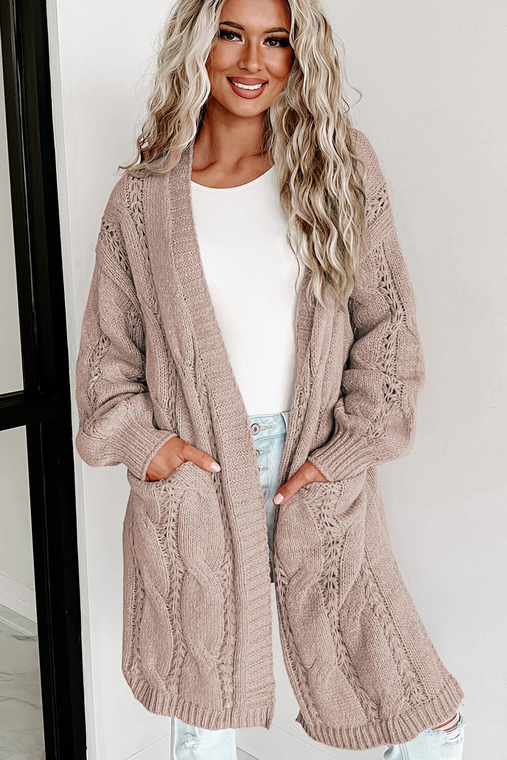 Ribbed Trim Eyelet Cable Knit Cardigan